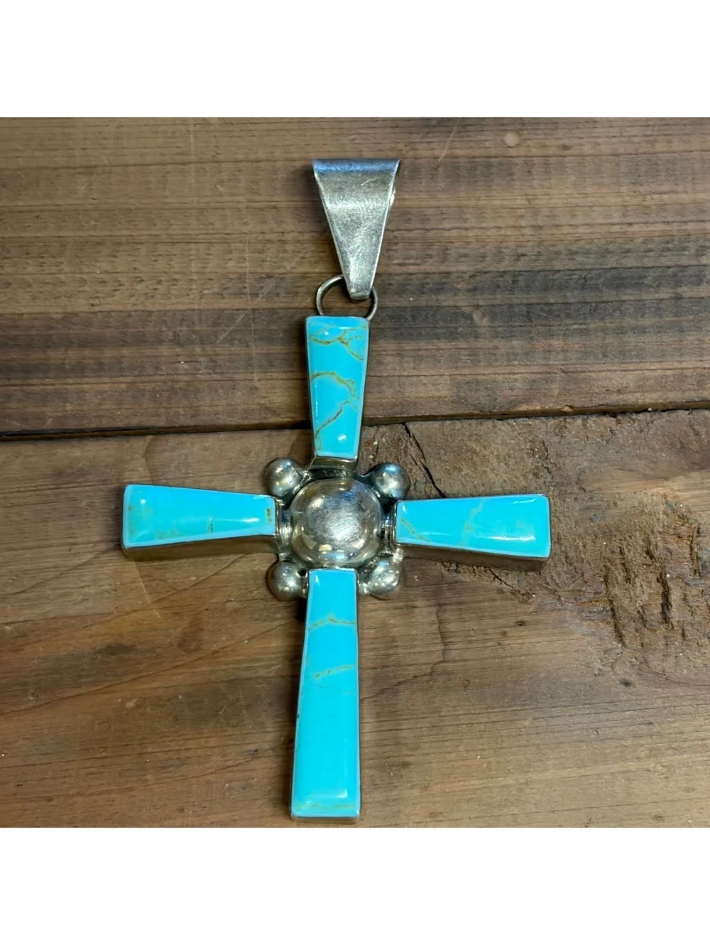 Sterling silver & turquoise colored inlay cross pendant vintage